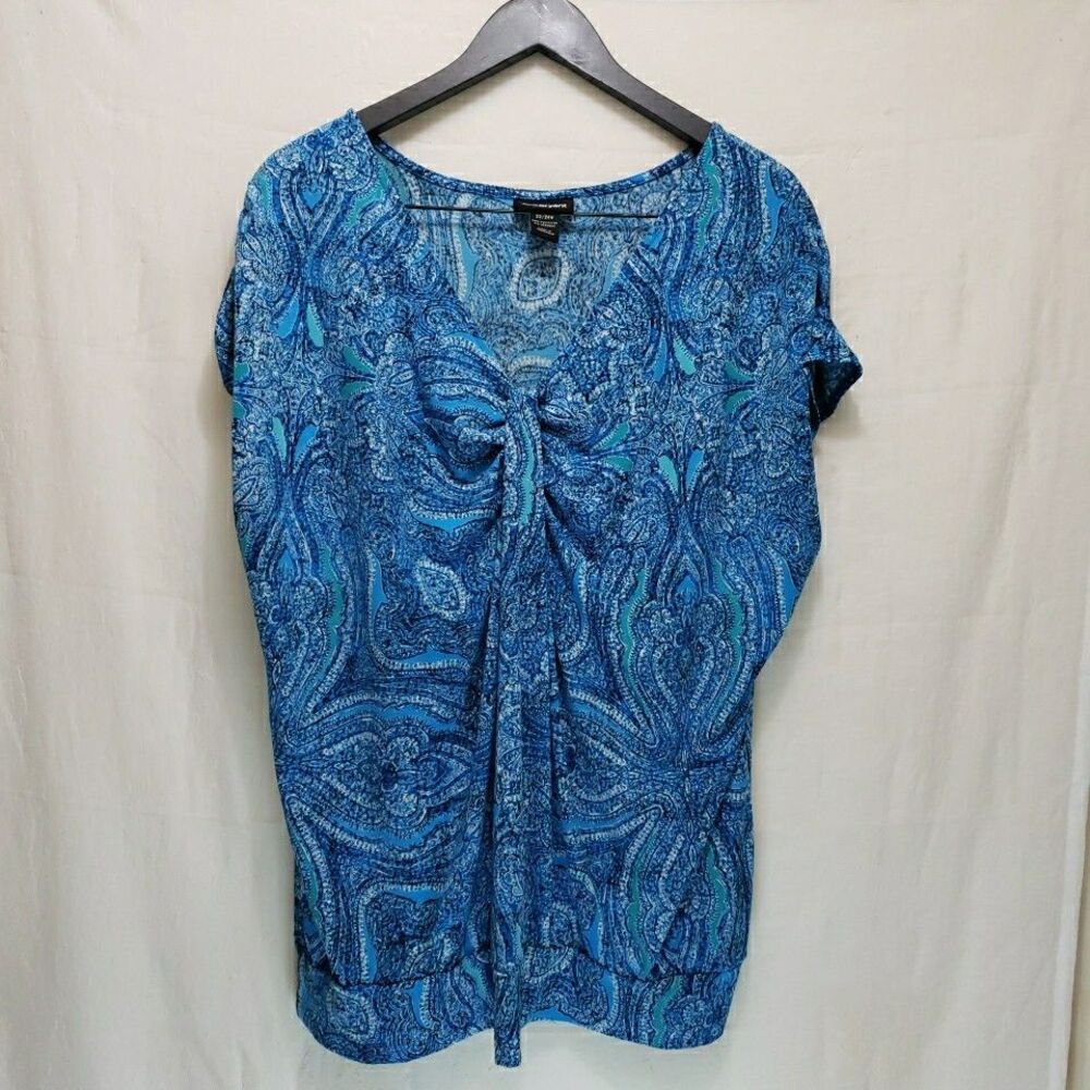 Lane Bryant 22/24 Top Blue Paisley Dolman Sleeve V-Neck Banded Hem Plus Size